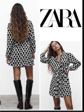 ZARA Black & White Scallop-Print Mini Dress